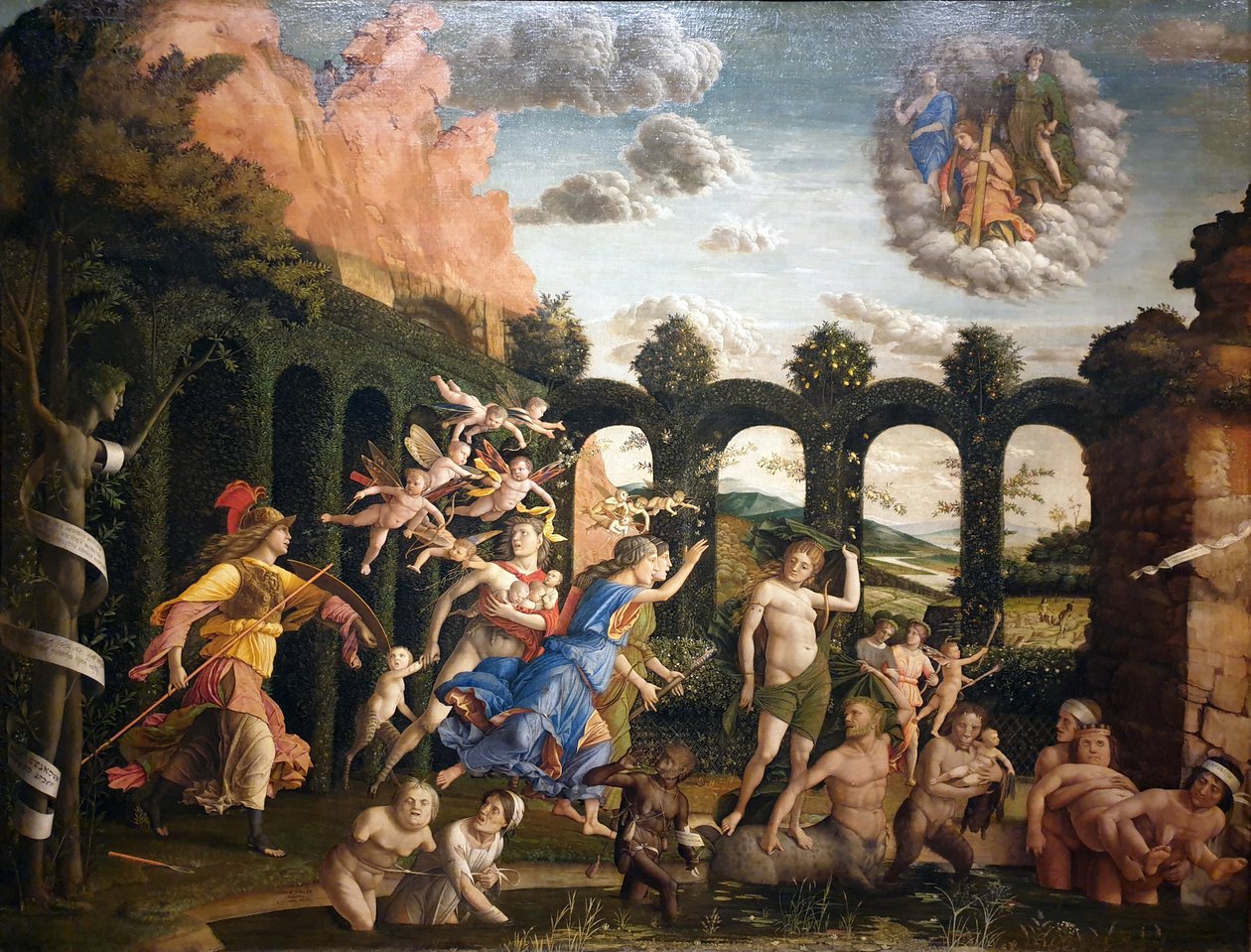 Saksa: Der Sieg der Tugend Minerva karkottaa paheet hyveen puutarhasta. tekijältä Andrea Mantegna