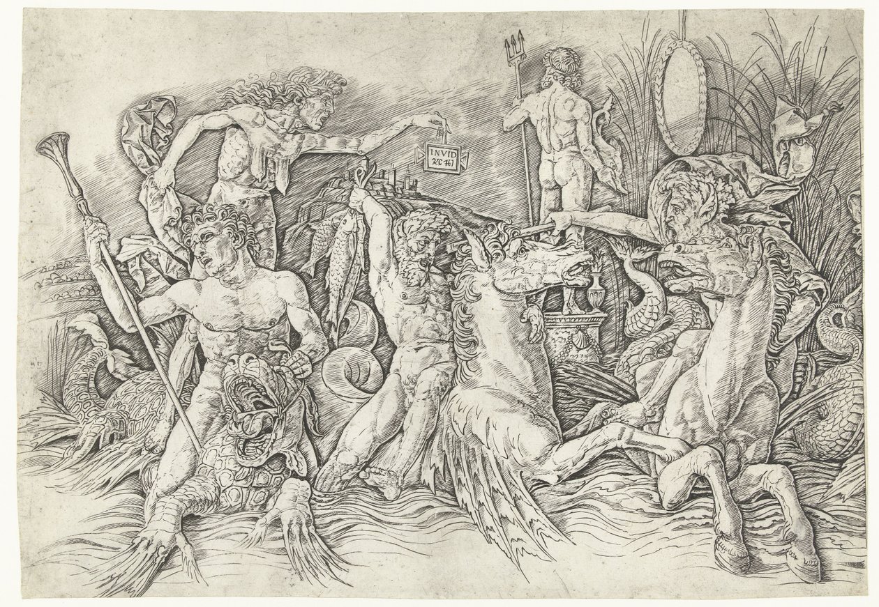 Taistelu hippokampuksella ratsastavien satyyrien ja lohikäärmeen selässä seisovan vanhan naisen välillä Merijumalien taistelu tekijältä Andrea Mantegna