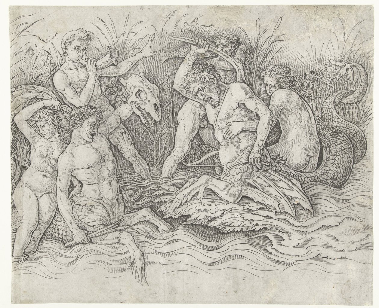 Taistele tritonien välillä nereidien selässään Merijumalien taistelu tekijältä Andrea Mantegna