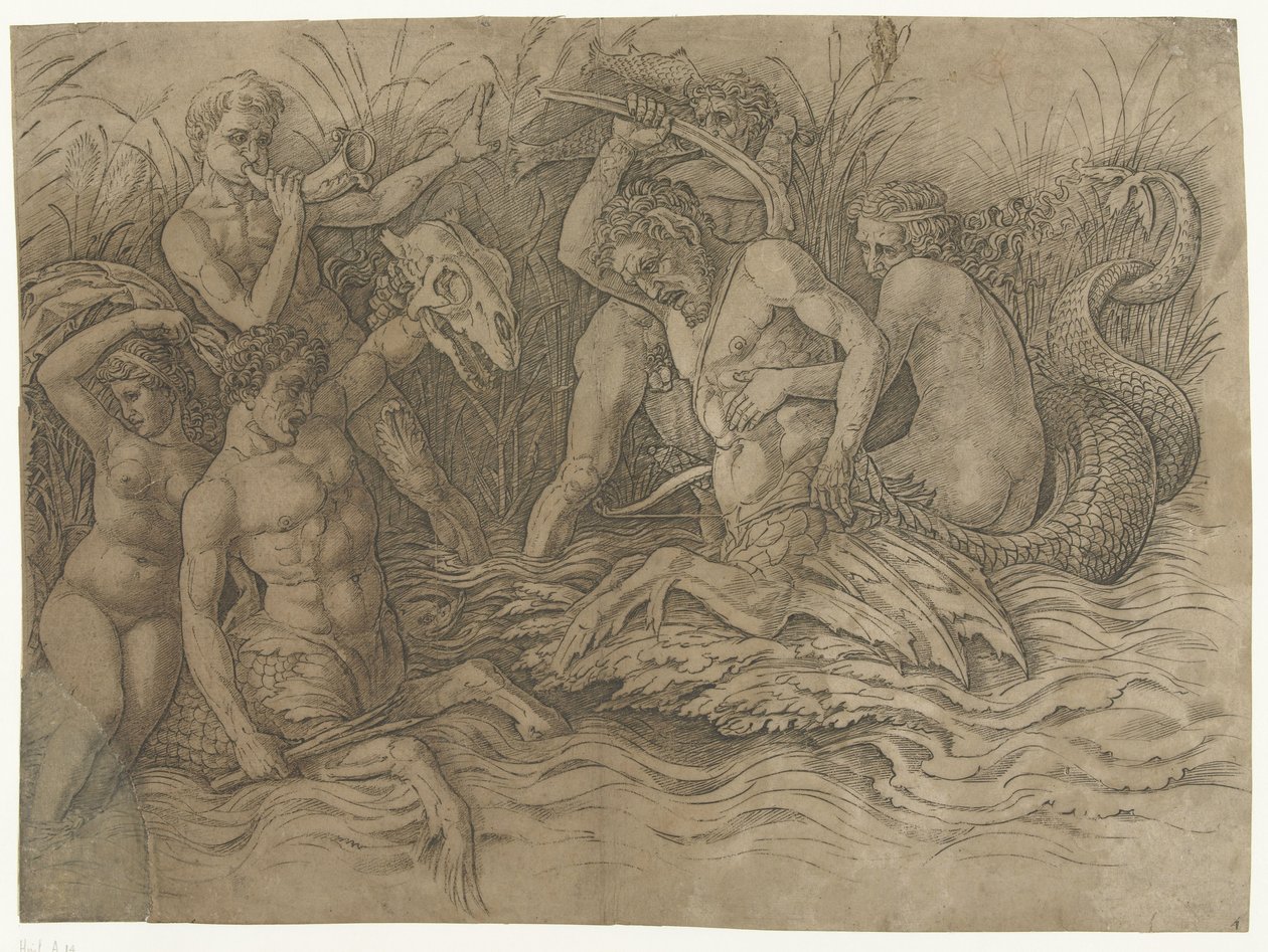 Taistele tritonien välillä nereidien selässään Merijumalien taistelu tekijältä Andrea Mantegna