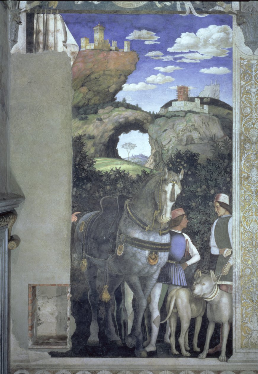 Hevonen ja sulhanen metsästyskoirien kanssa, Camera degli Sposi tai Camera Picta, 1465-74, fresko, kuva 78449:stä. tekijältä Andrea Mantegna