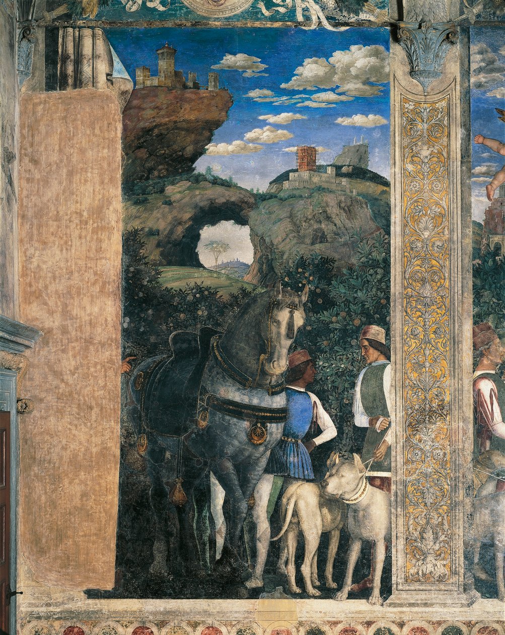 Kreivi Ludovico Gonzagan hevonen, mastiffit ja sulhaset, yksityiskohta Meeting Wallista, kirjoittanut Andrea Mantegna (1431-1606), fresko, San Giorgion linna, hääkammio tai Camera Picta, Mantova, 1465-1474 tekijältä Andrea Mantegna