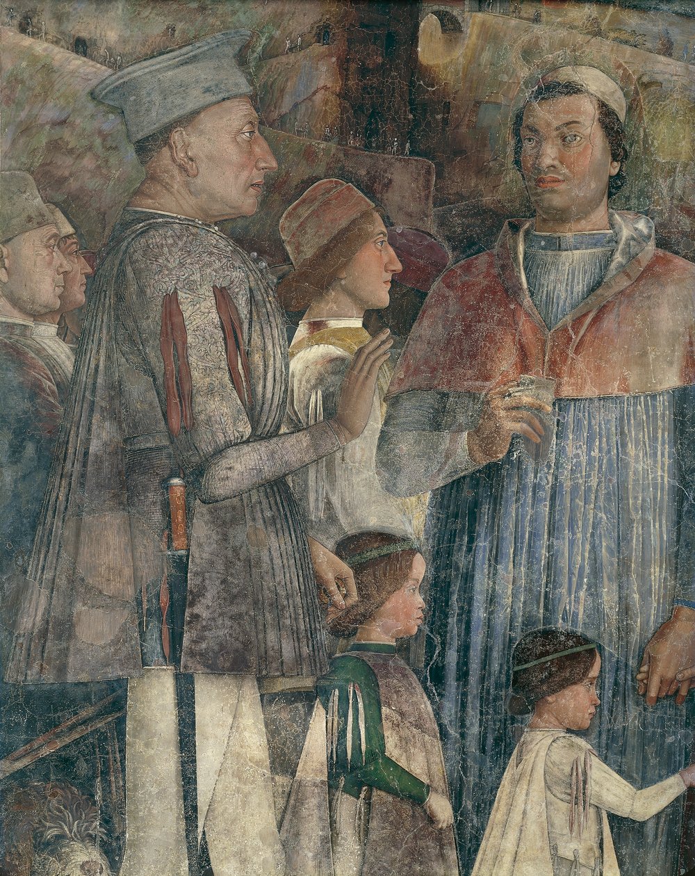 Ludvig II, kardinaali Francesco, Francesco II ja Sigismondo Gonzaga, yksityiskohta kokouksen seinältä tekijältä Andrea Mantegna