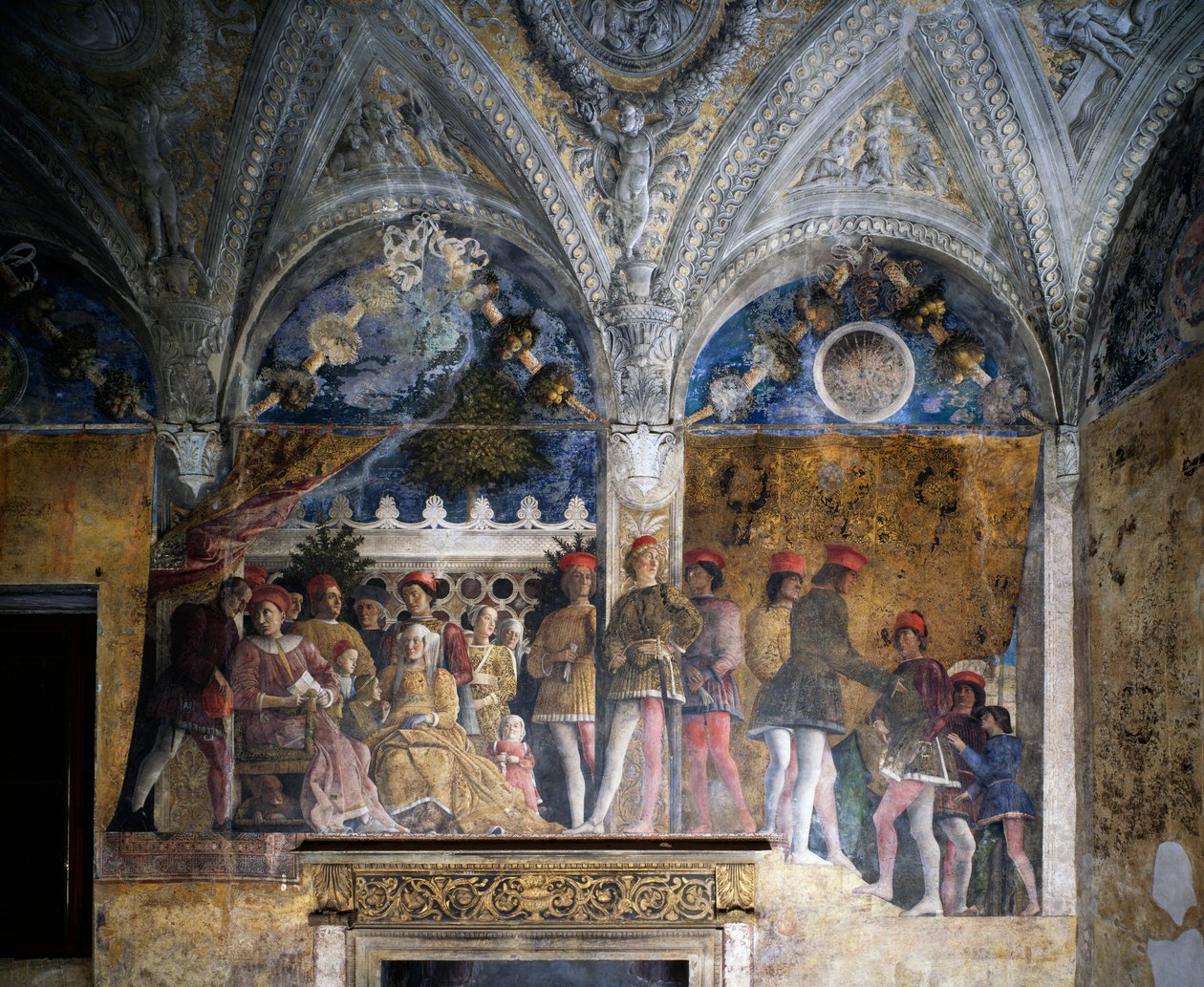 Ludovico Gonzaga, Marsilio Andreasi, Barbara Brandenburgista tyttärensä Paulan ja Rodolfo Gonzagan kanssa tekijältä Andrea Mantegna