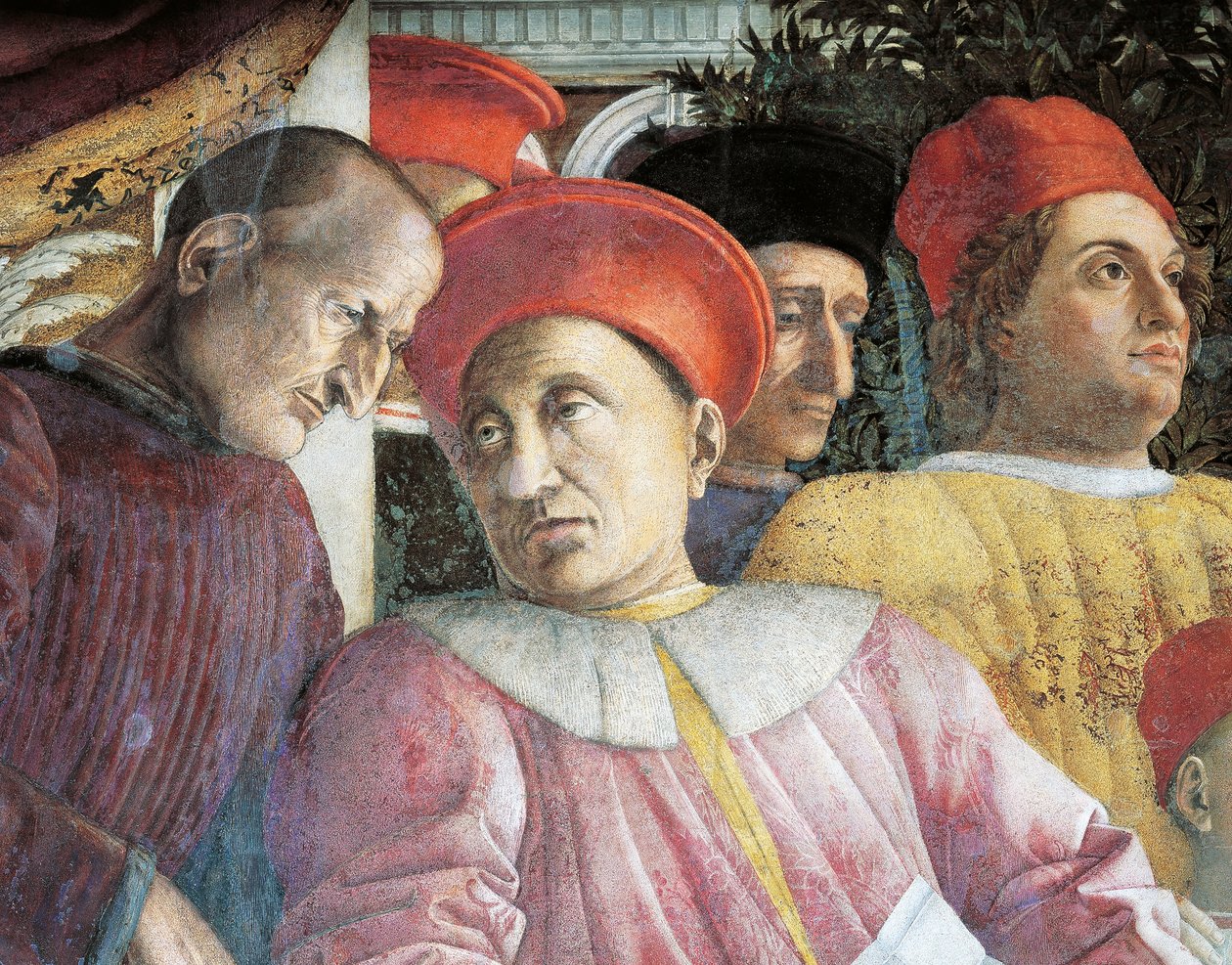 Ludovico Gonzaga ja neuvonantaja Marsilio Andreasi, yksityiskohta Court Wallista tekijältä Andrea Mantegna