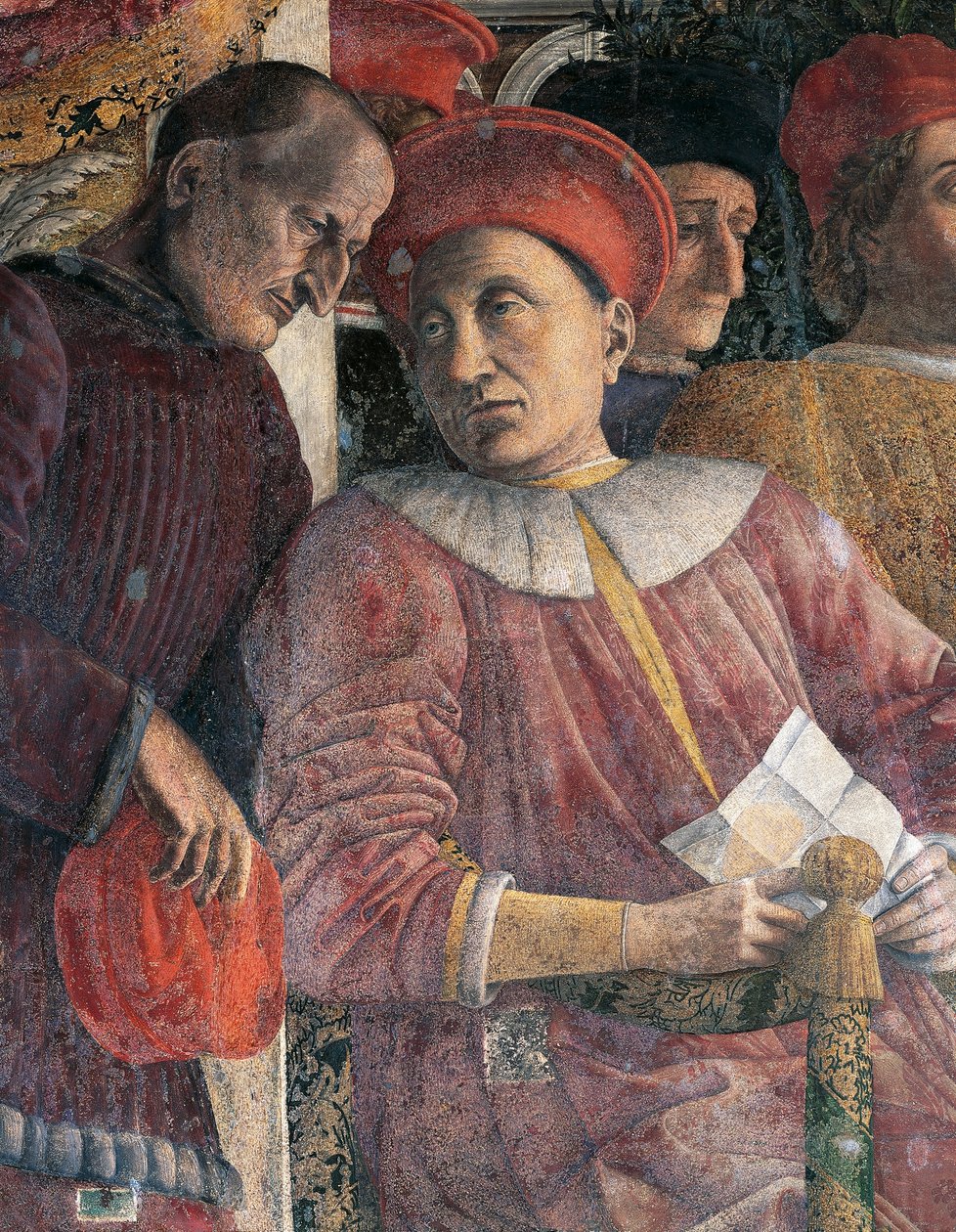 Ludovico Gonzaga ja neuvonantaja Marsilio Andreasi, yksityiskohta Andrea Mantegnan (1431-1606) hoviseinästä, fresko, San Giorgion linna, hääkammio tai Camera Picta, Mantova. tekijältä Andrea Mantegna