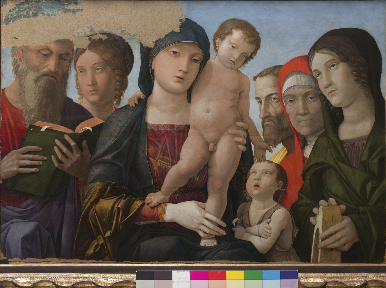 Madonna ja lapsi, Pyhä Johannes, Pyhä Katariina Aleksandrialainen ja muut pyhät, 1480-88 tekijältä Andrea Mantegna