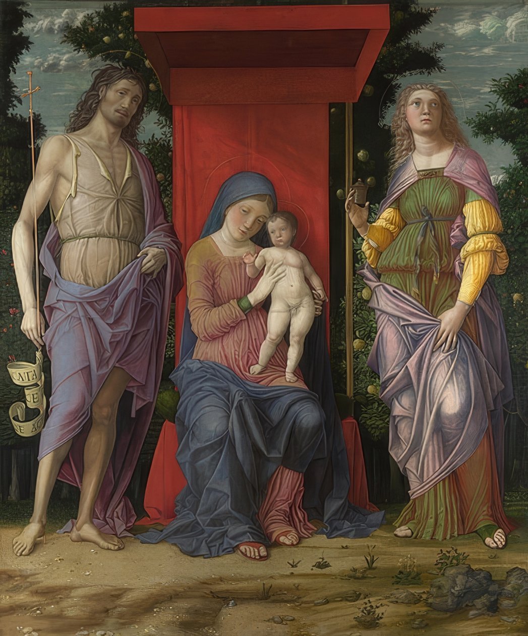 Madonna ja lapsi, Johannes Kastaja ja Maria Magdaleena. Luultavasti 1490-1505 tekijältä Andrea Mantegna