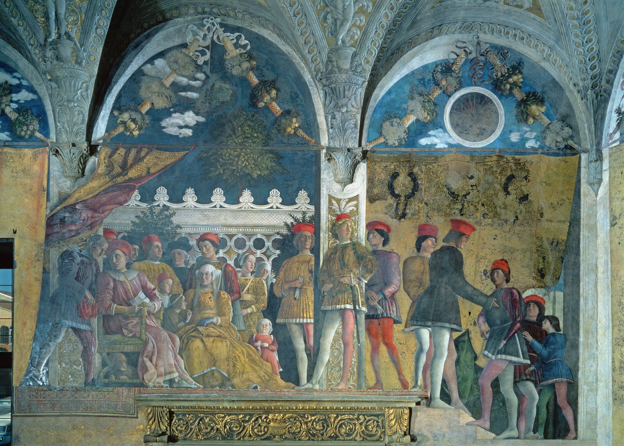 Marchese Ludovico Gonzaga III, hänen vaimonsa Barbara Brandenburgilainen, heidän lapsensa, hoviherransa ja koiransa Rubino, Camera degli Sposista tai Camera Pictasta, 1465-74 tekijältä Andrea Mantegna