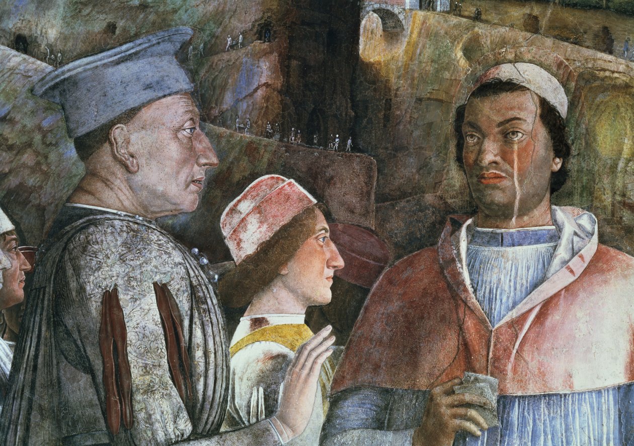 Mantovan marssimarsalkka Ludovico Gonzaga III, hallitsi 1444-78, tervehtii poikaansa kardinaali Francesco Gonzagaa, Camera degli Sposi tai Camera Picta, 1465-74, fresko, kuva 78449. tekijältä Andrea Mantegna