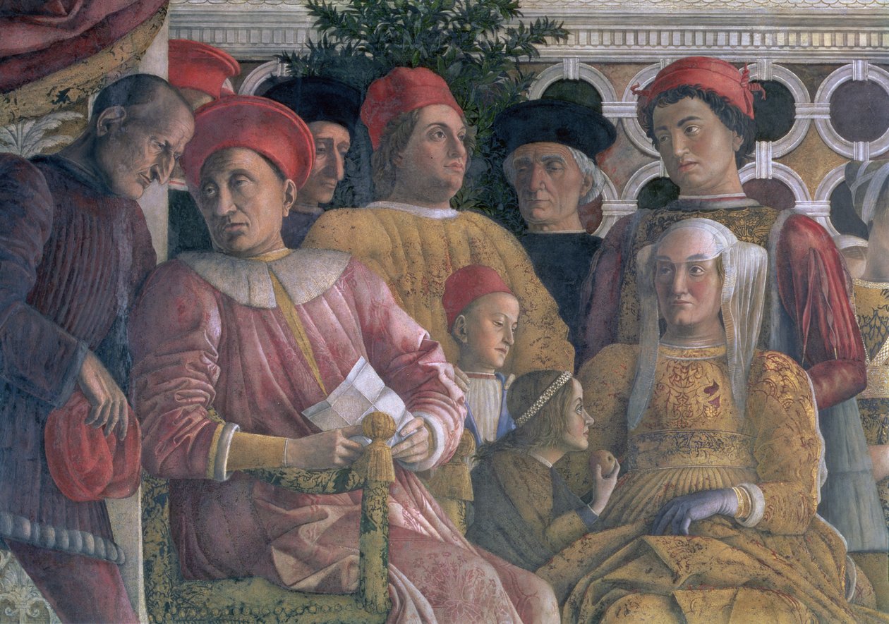 Mantovan marsalkka Ludovico Gonzaga III, hallitsi 1444-78, hänen vaimonsa Barbara Brandenburgin, lapsia ja hoviväkeä, Camera degli Sposi tai Camera Picta, 1465-74, fresko, kuva 78449. tekijältä Andrea Mantegna