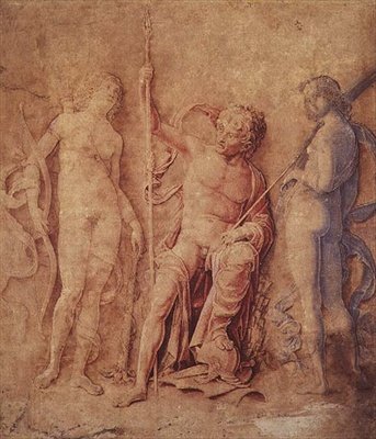 Mars, Diana ja Iris (?) 1446-1506 (kynä ja ruskea muste, ruskea, punainen ja sininen pesu, korotettu valkoisella, paperilla värjäytynyt ruskea) tekijältä Andrea Mantegna