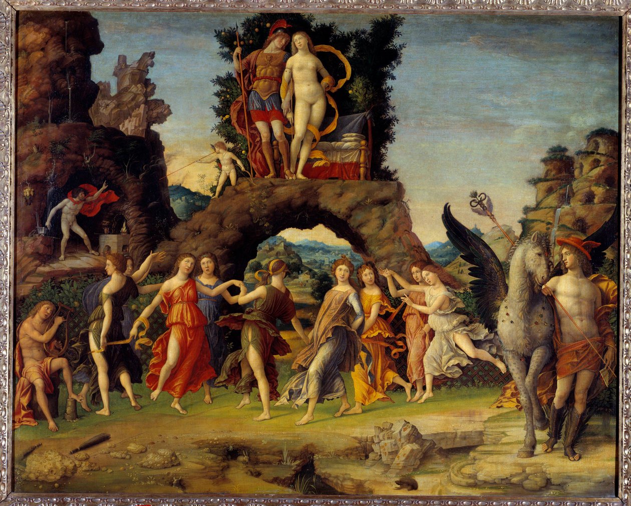 Mars ja Venus tai Parnassus. Maalaus, joka kuvaa Marsia ja Venusta kalliolla, Pegasea ja Merkuriusta, Apolloa ja yhdeksää muusaa Calliope (eeppinen runo), Clio (historia), Erato (lyriikat), Euterpe (musiikki), Melpomene (tragedia), Polymnie (retoriikka), T tekijältä Andrea Mantegna