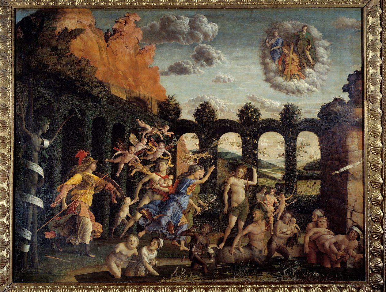 Minerve jahtaavat paheita Vertun puutarhasta Andrea Mantegnan (1431-1506) maalaus 1400-luvun su. 1,6x1,92 m tekijältä Andrea Mantegna