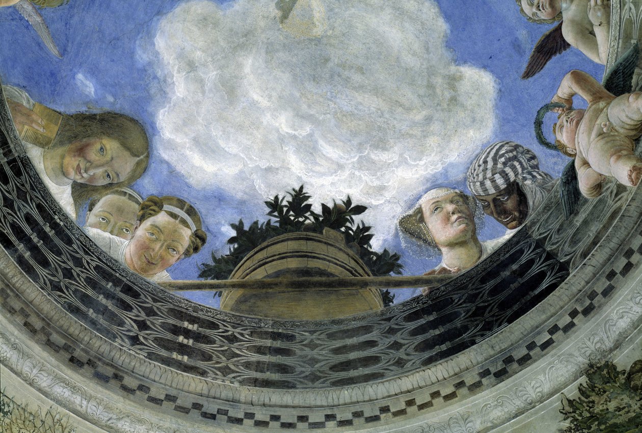 Mantovan herttuan palatsi, Italia (Camera degli Sposi, Palazzo Ducale, Mantova) puolisoiden talon katon okculus: allegoristen hahmojen ja putin yksityiskohta. Fresko Andrea Mantegna (1431-1506) tekijältä Andrea Mantegna