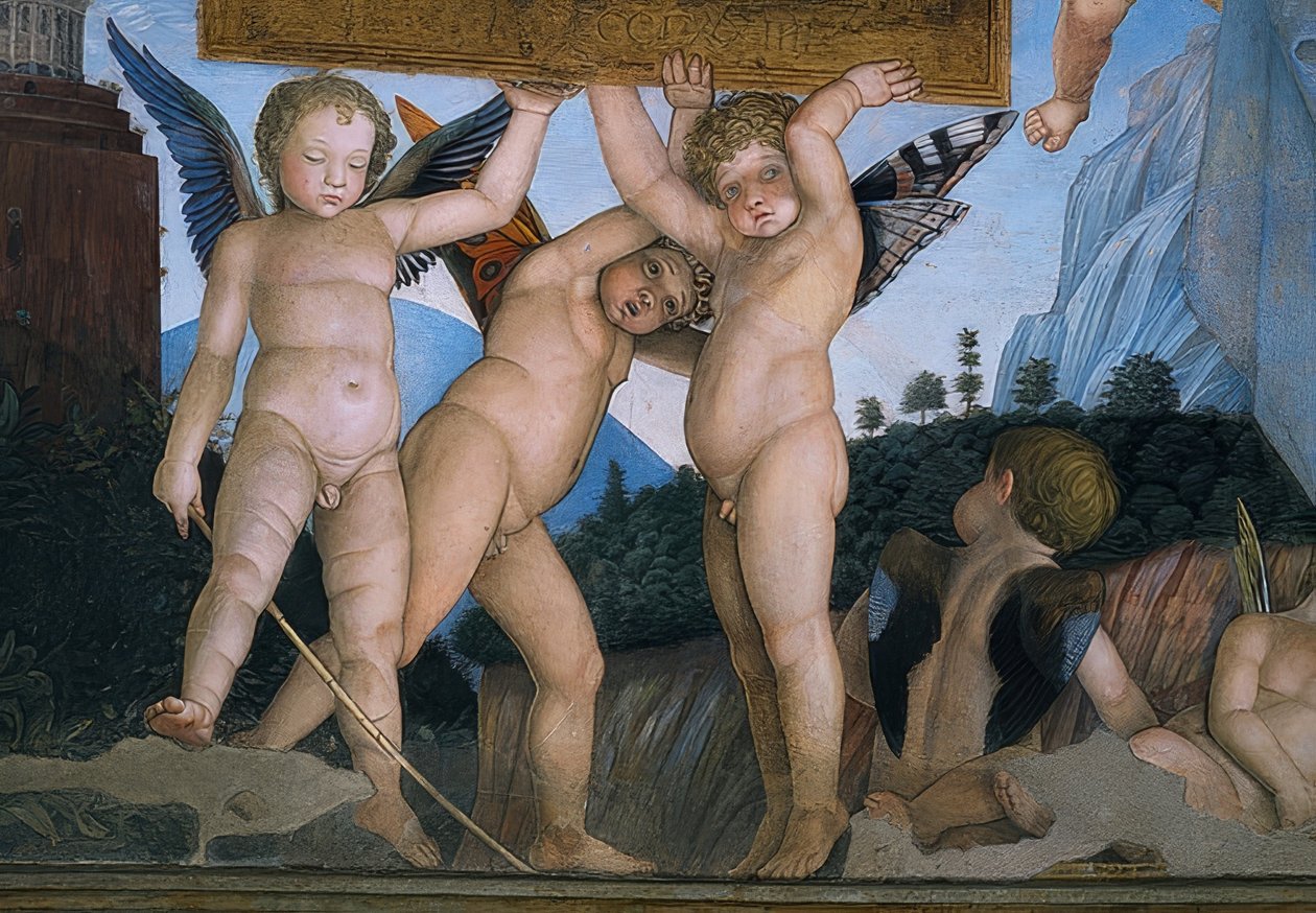 Putti perhosen siipillä, jolla on omistuslaatta (yksityiskohta). 1465-74 tekijältä Andrea Mantegna