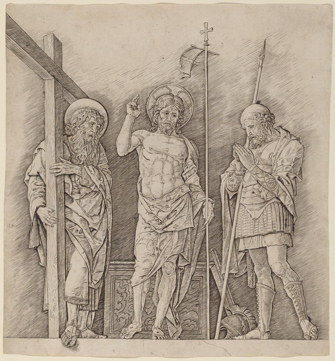 Ylösnoussut Kristus pyhien Andreaksen ja Longinuksen välillä tekijältä Andrea Mantegna