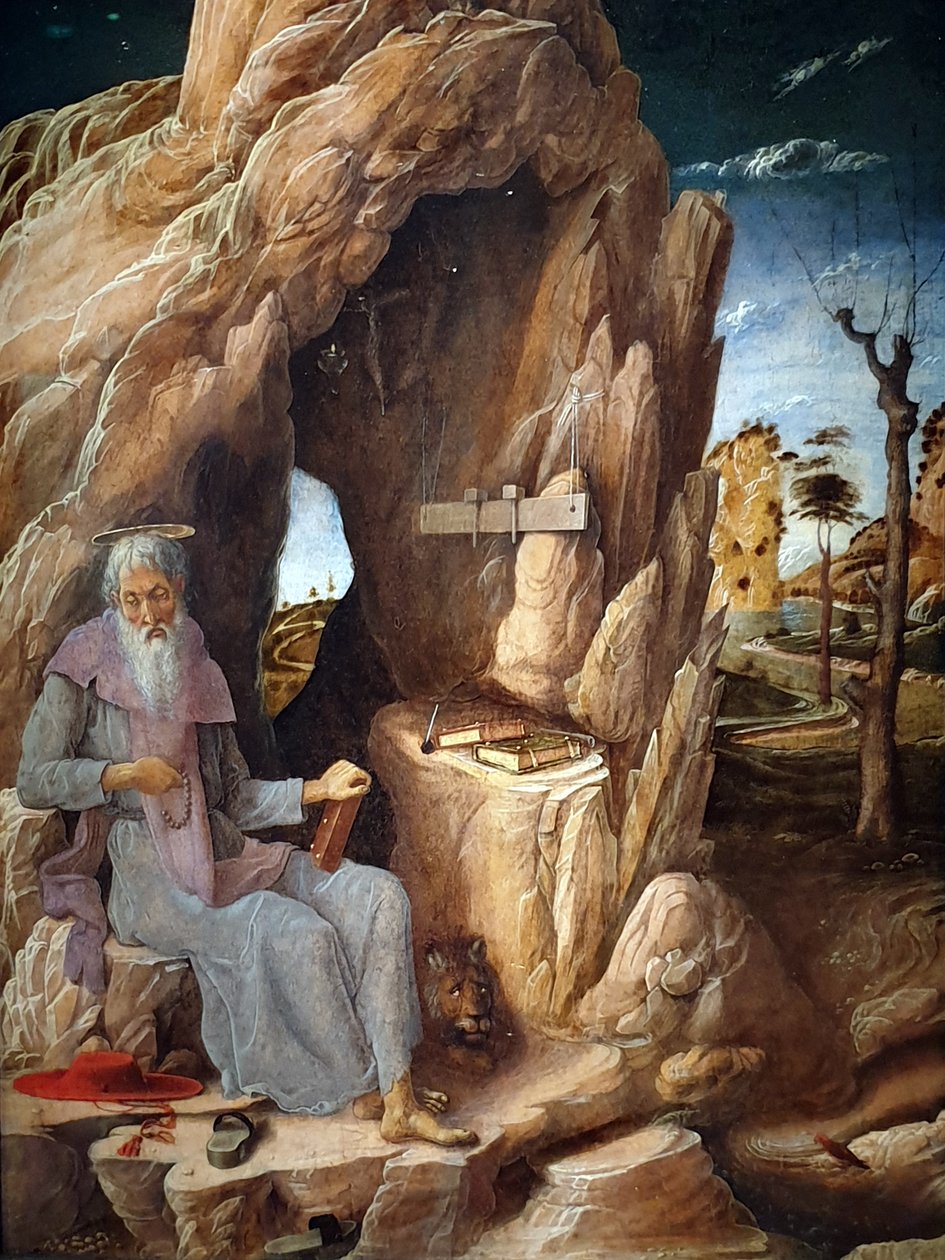 Pyhä Hieronymus katuvainen erämaassa tekijältä Andrea Mantegna