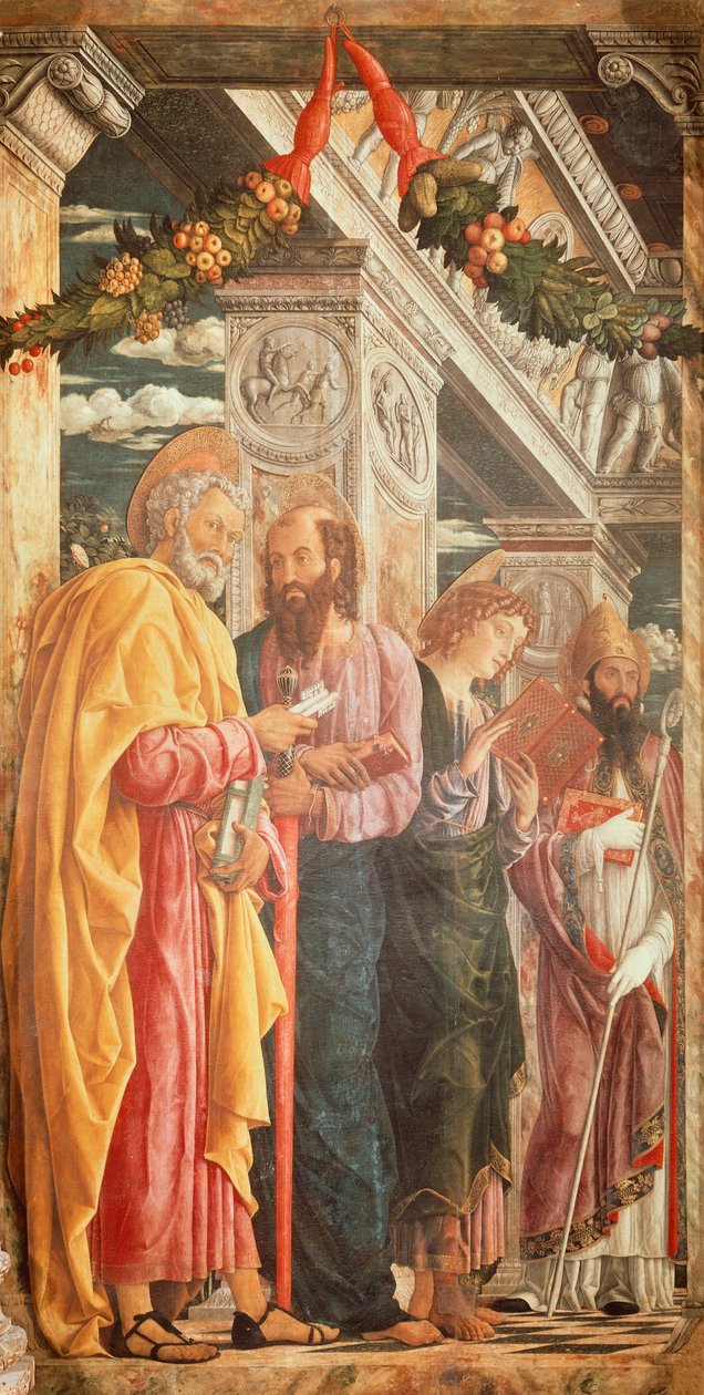 Sants Pere i Pau i dos sants, detall del Retaule de Sant Zeno finès tekijältä Andrea Mantegna