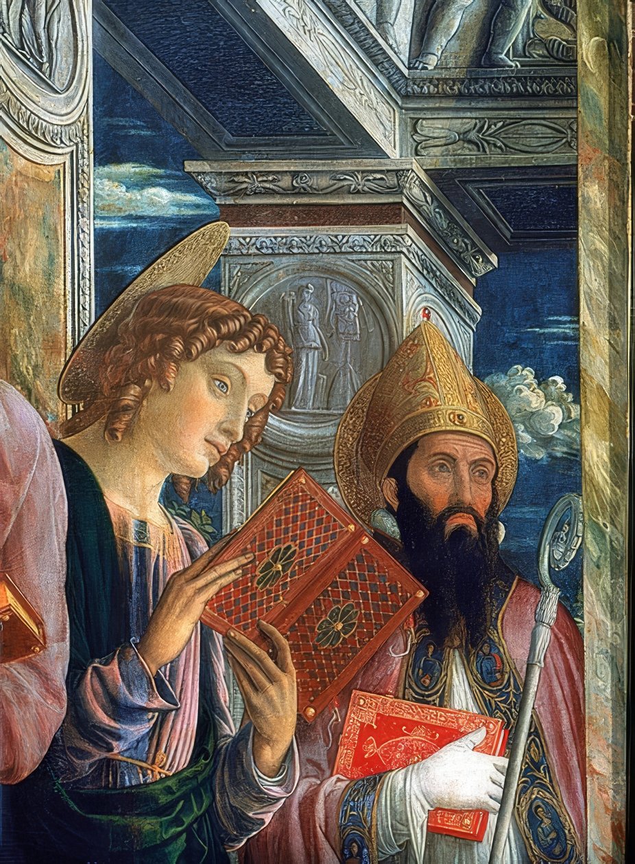 San Zenon alttari. Yksityiskohta vasemmasta reunasta. 1457-1460. Kuvassa Johannes evankelista ja Zenon Veronalainen tekijältä Andrea Mantegna