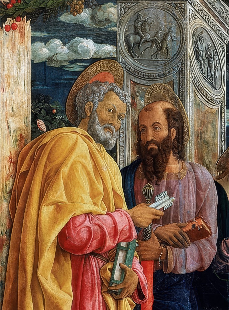 San Zenon alttari. Yksityiskohta vasemmasta reunasta. 1457-1460. Kuvassa Simon Pietari ja Paavali Tarsosta tekijältä Andrea Mantegna