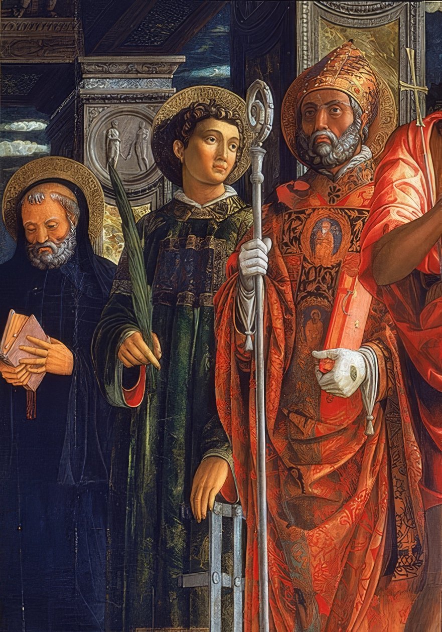 San Zenon alttari. Yksityiskohta oikealta puolelta. 1457-1460. Yksityiskohdassa on Augustinus Hippolainen, Rooman Lawrence ja Benedictus Nursialainen tekijältä Andrea Mantegna