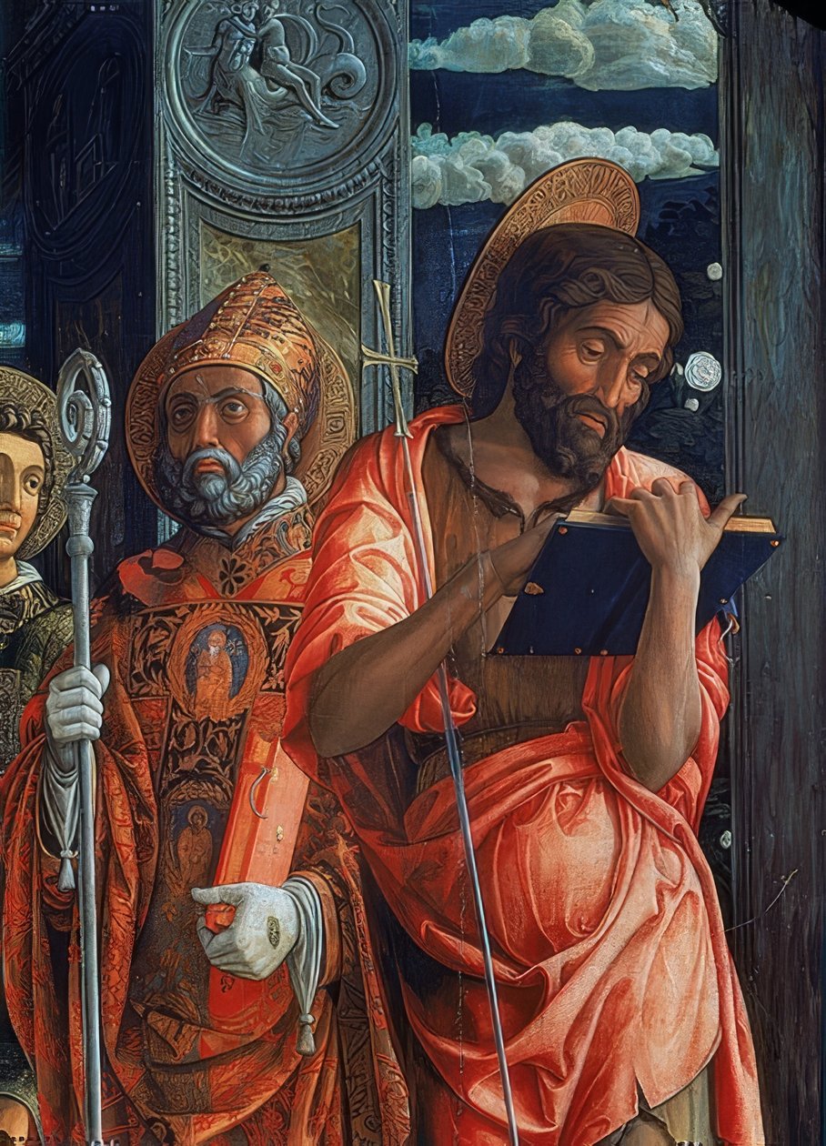 San Zenon alttari. Yksityiskohta oikealta puolelta. 1457-1460. Yksityiskohdassa on Johannes Kastaja ja Augustinus Hippolainen tekijältä Andrea Mantegna