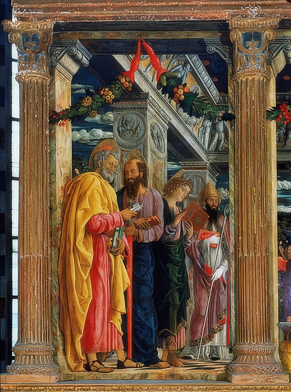 San Zenon alttari. Vasen puoli. 1457-1460. Kuvassa Simon Pietari, Paavali Tarsolainen, Johannes Evankelista ja Zenon Veronalainen tekijältä Andrea Mantegna