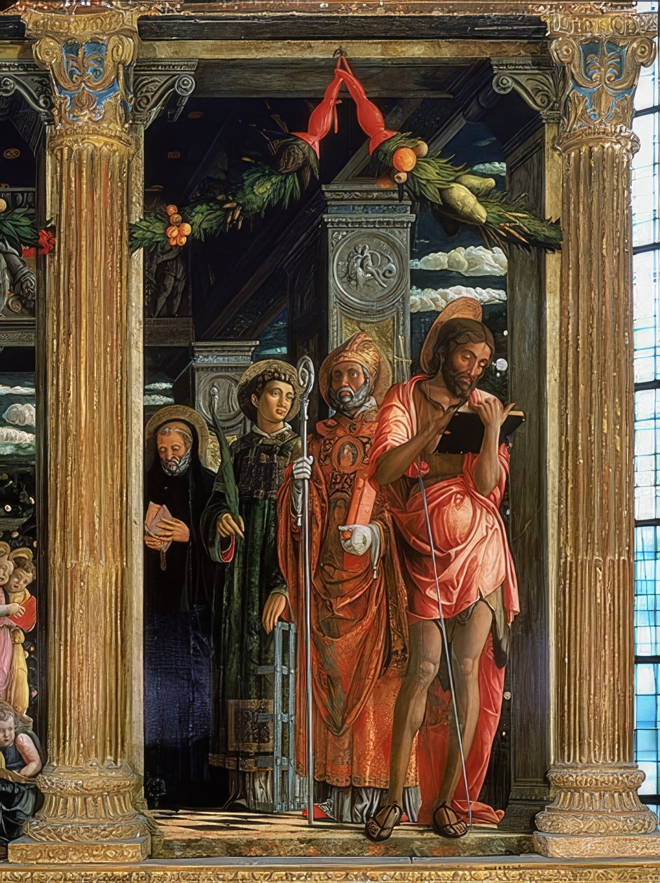 San Zenon alttari. Oikea puoli. 1457-1460. Yksityiskohdissa on Johannes Kastaja, Rooman Lawrence, Augustinus Hippo ja Benedictus Nursian tekijältä Andrea Mantegna