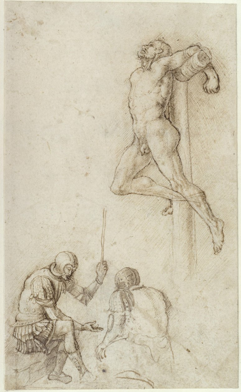 Ryöväri ristillä, alapuolella kaksi sotilasta (pelaamassa noppaa) tekijältä Andrea Mantegna