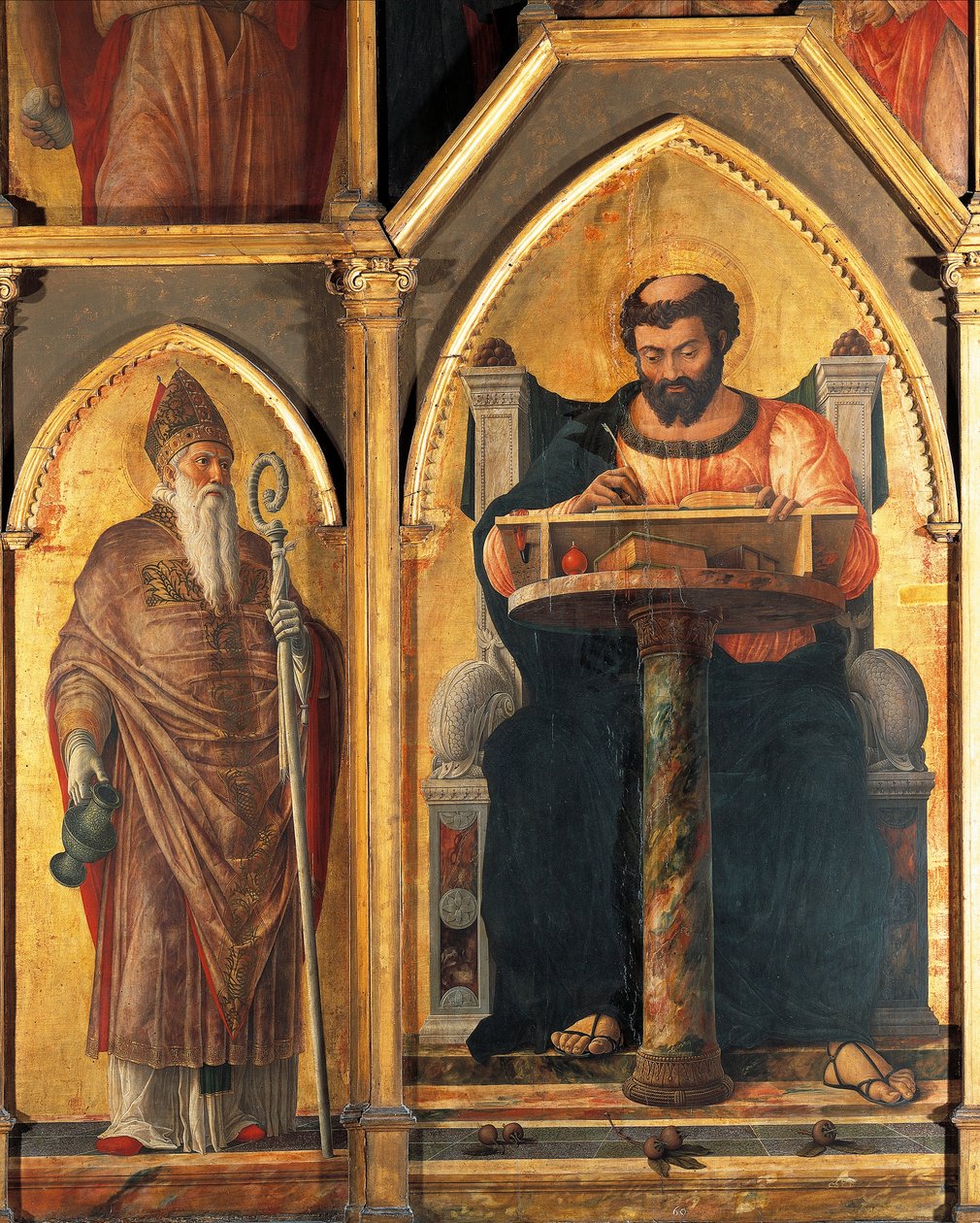 Pyhä Luukas pöydällä ja St Prosdocimus, yksityiskohta Andrea Mantegnan (1431-1506) Pyhän Luukkaan alttaritaulusta, tempera puulla tekijältä Andrea Mantegna