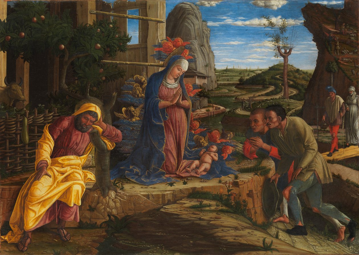Paimenten palvonta, n. 1450 (tempera kankaalle, siirretty puusta) tekijältä Andrea Mantegna