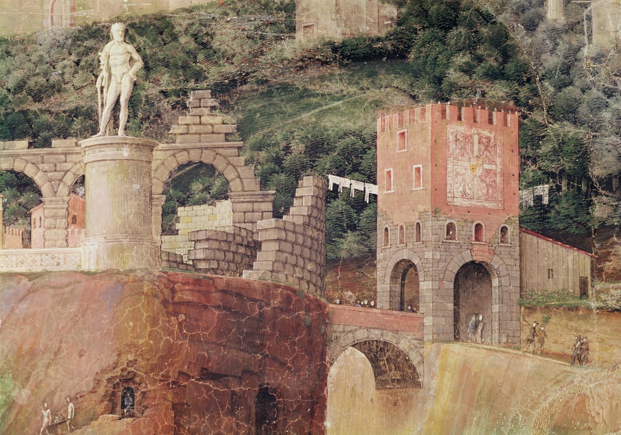 Kardinaali Francesco Gonzagan saapuminen, yksityiskohta taustasta, joka näyttää idealisoidun näkymän Roomaan, n. 1465-1474 (yksityiskohta numeroista 78457, 78449) tekijältä Andrea Mantegna