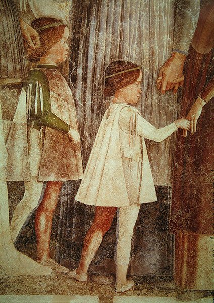 Kardinaali Francesco Gonzagan saapuminen, hänen isänsä Marchese Ludovico Gonzaga III ja hänen veljensä tervehtimään, yksityiskohta Gonzague-lapsista, n. 1465-74 (numeron 78454 tiedot) tekijältä Andrea Mantegna