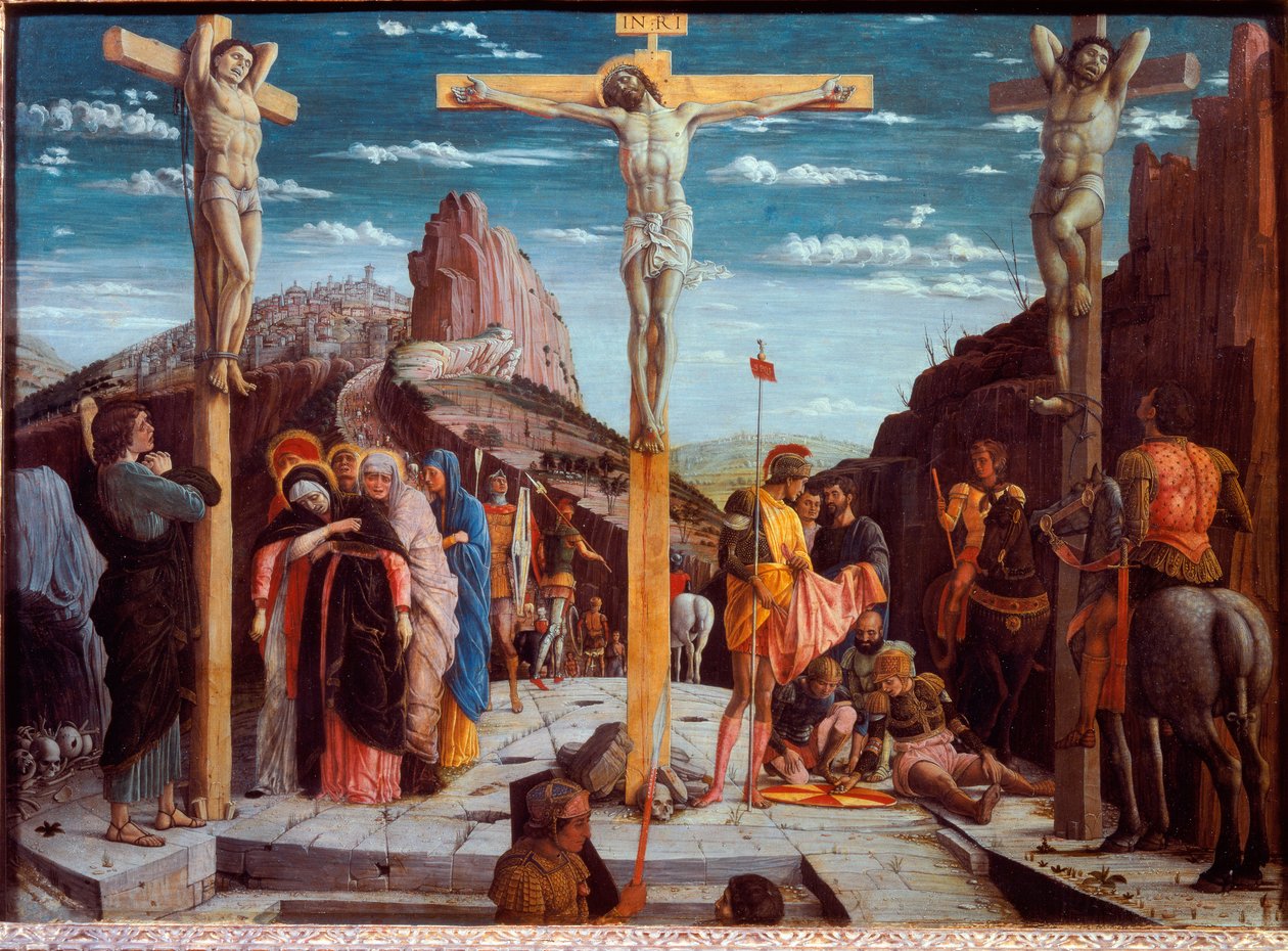 Ristiinnaulitseminen, nimeltään Golgata (öljy puulle tekijältä Andrea Mantegna