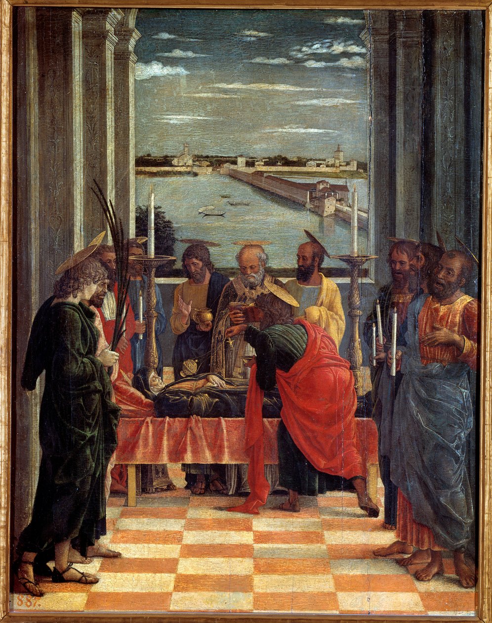 Andrea Mantegnan (1431-1506) maalaus Neitsyen kuolema 1461 su. 0,54x0,42 m Madrid, Prado-museo - Neitsyen kuolema. Andrea Mantegnan (1431-1506) maalaus tekijältä Andrea Mantegna