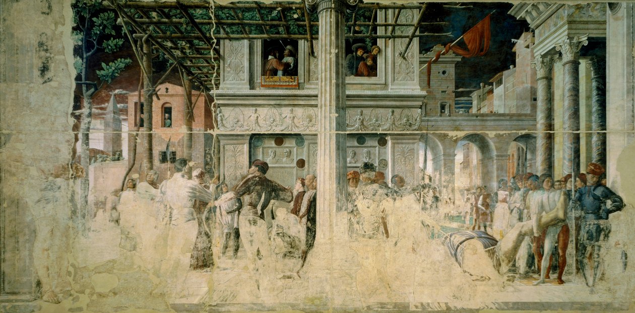 Pyhän Kristoferin marttyyrikuolema ja meistetyn ruumiin kuljetus, n. 1448-1457 tekijältä Andrea Mantegna