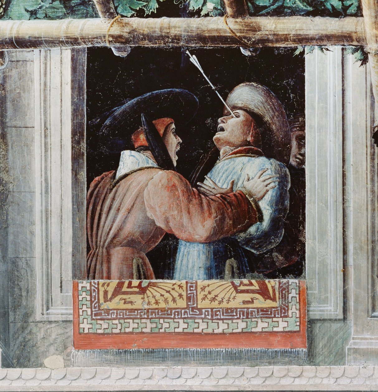 Pyhän Kristoferin marttyyrikuolema, yksityiskohta miehestä, joka ammuttiin nuolella silmän läpi, n. 1450-56 tekijältä Andrea Mantegna