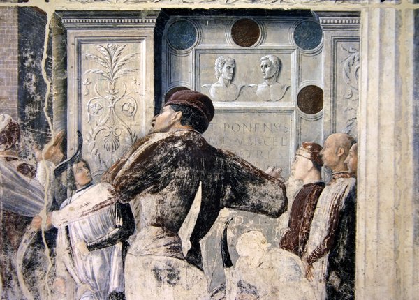 Pyhän Kristoferin marttyyrikuolema, yksityiskohta katsojista, n. 1450-1456 tekijältä Andrea Mantegna