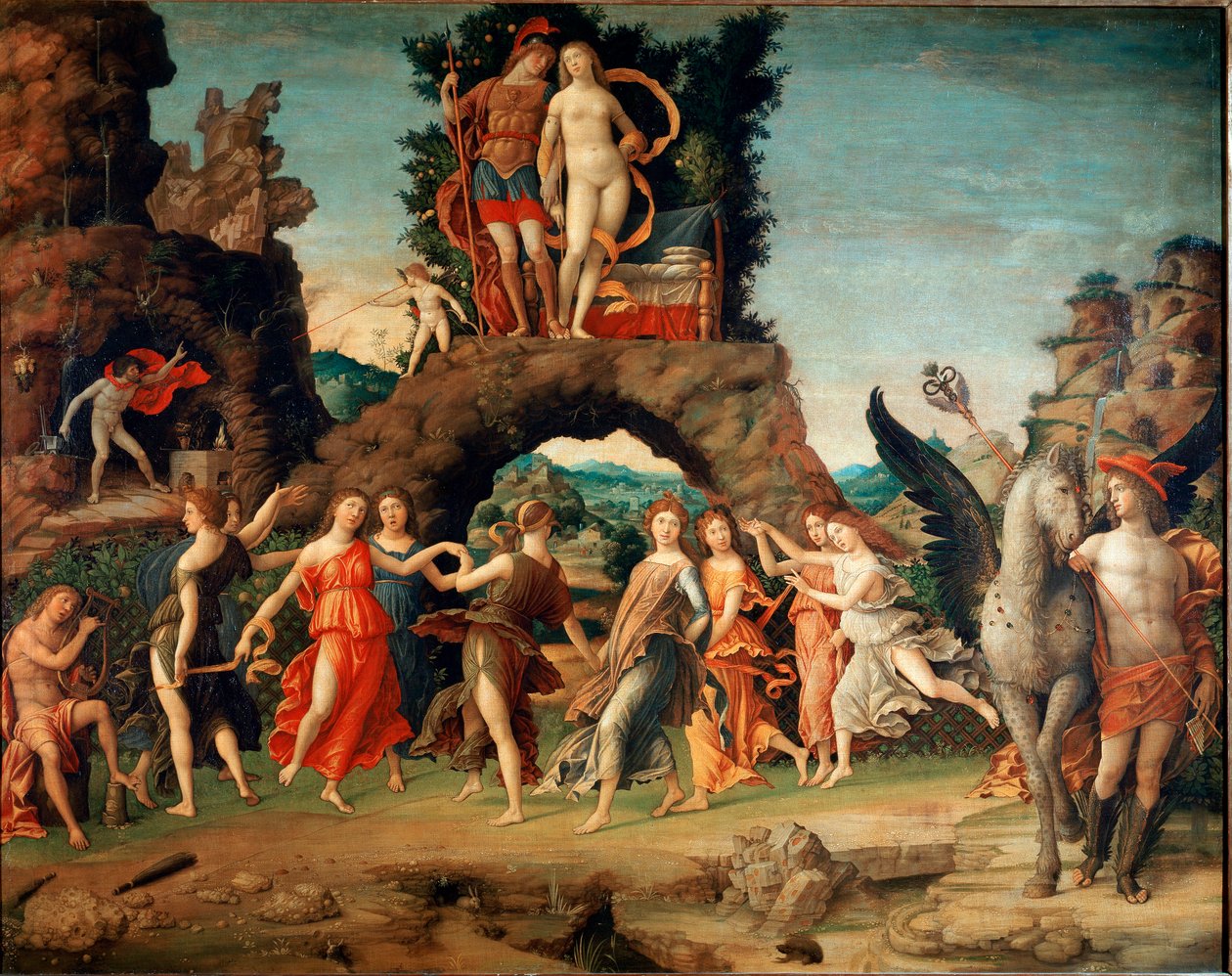 Parnassus (Apollo ja yhdeksän muusat) (tempera ja kulta kankaalle tekijältä Andrea Mantegna