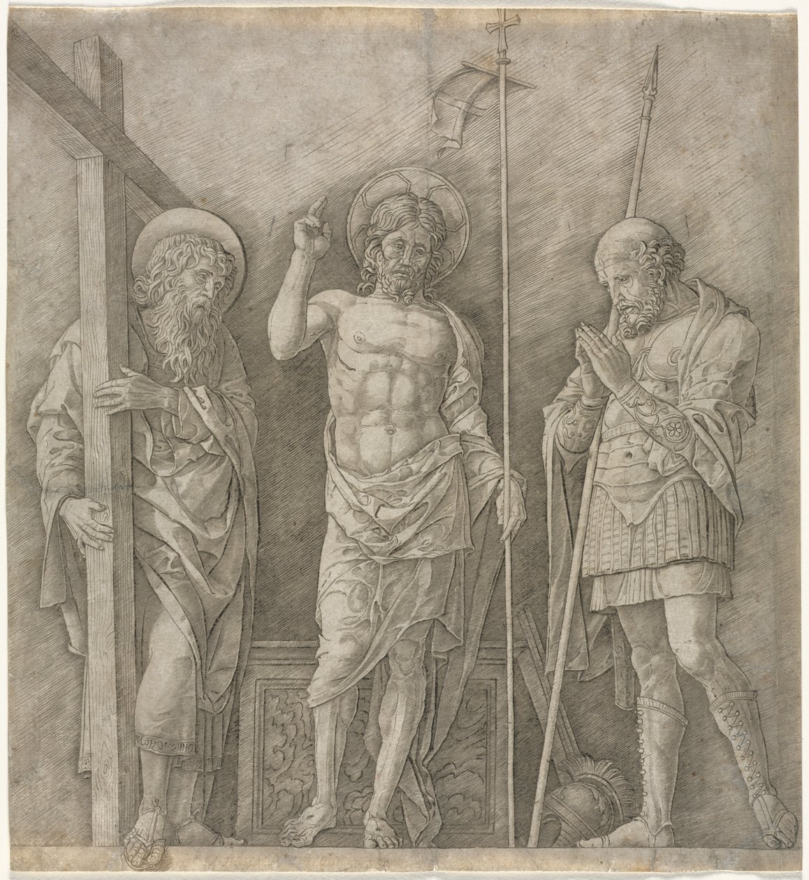 Ylösnoussut Kristus Pyhän Andreaksen ja Longinuksen välillä tekijältä Andrea Mantegna