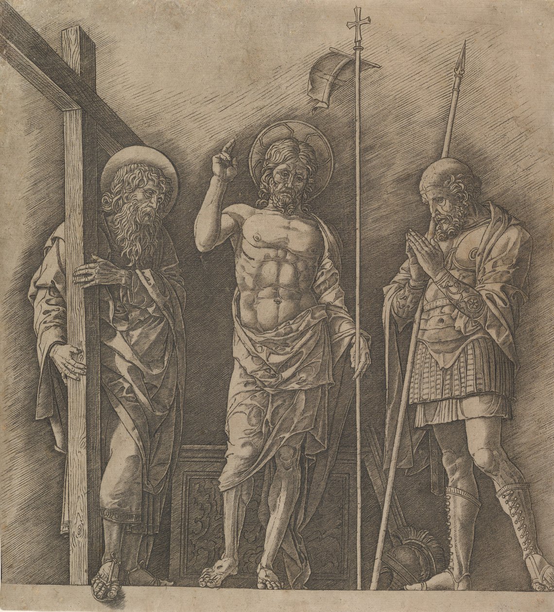 Ylösnoussut Kristus Pyhän Andreaksen ja Saint Longinuksen välillä, n. 1472. tekijältä Andrea Mantegna