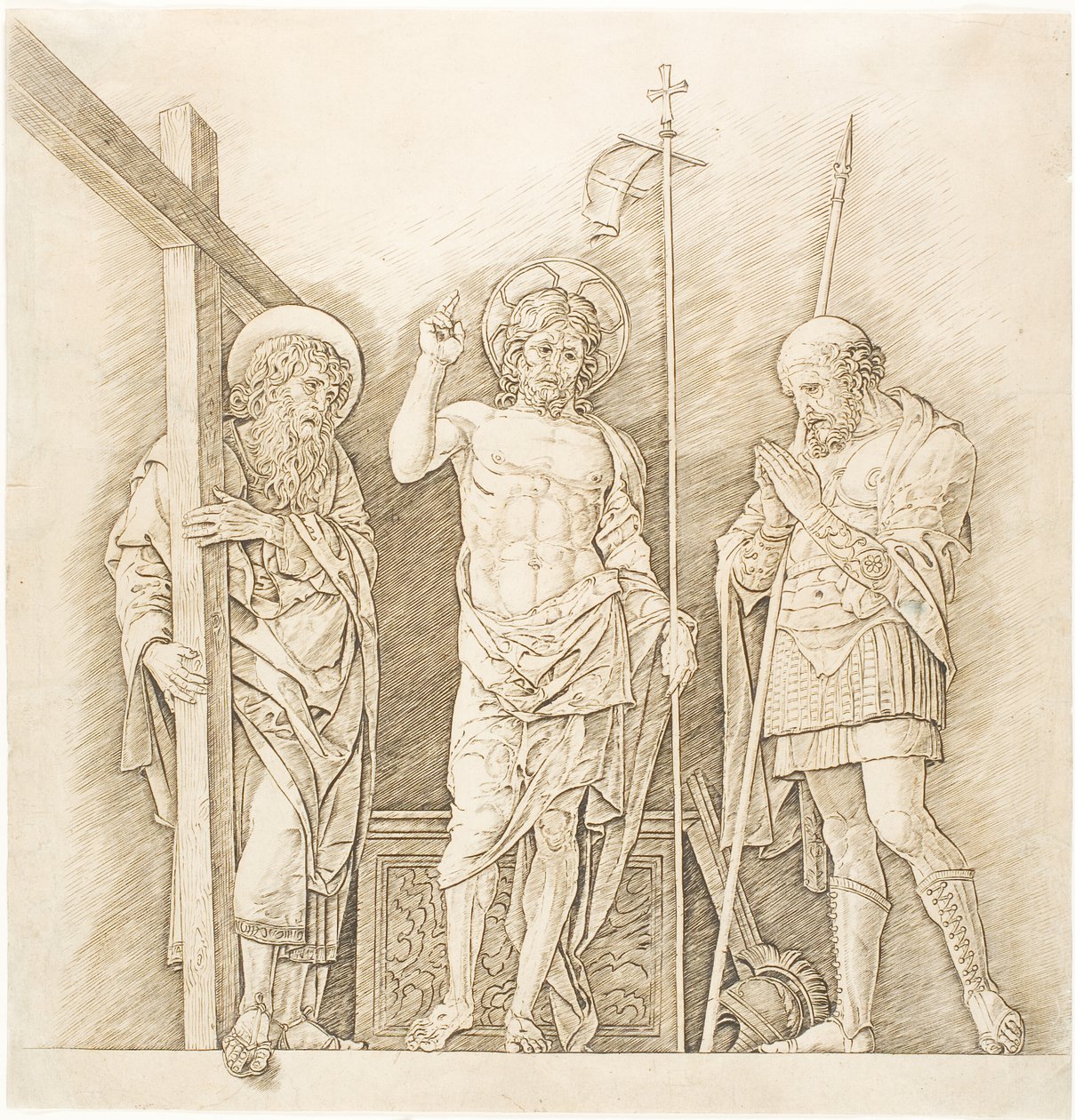 Ylösnoussut Kristus pyhien Andreaksen ja Longinuksen välillä tekijältä Andrea Mantegna