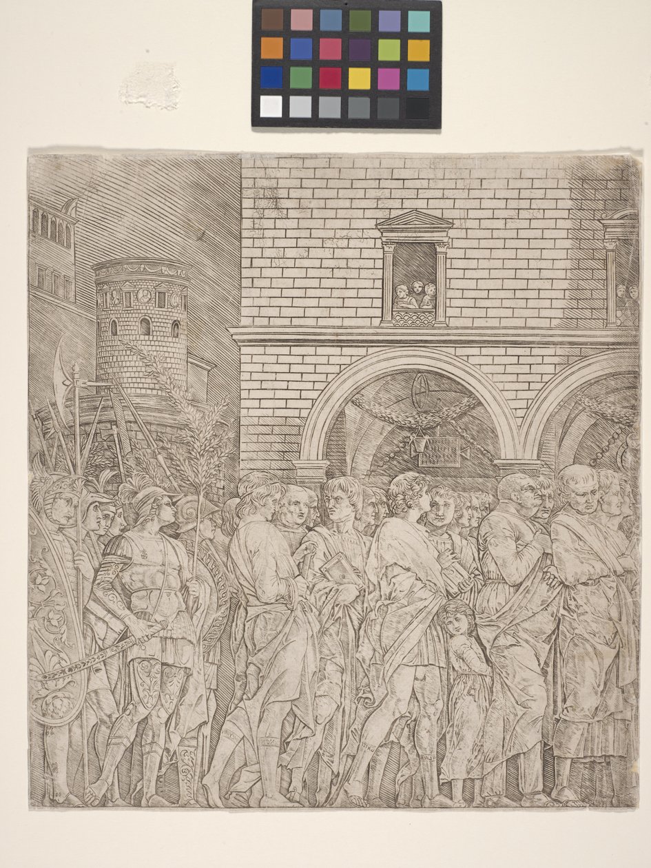 Senaattorit - Julius Caesarin voitto (kaiverrus kermanväriselle paperille) tekijältä Andrea Mantegna