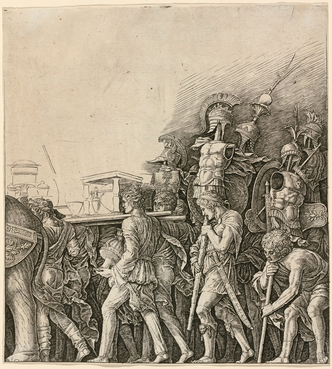 Caesarin triumfi: sotilaat kantavat sotasaaliita tekijältä Andrea Mantegna