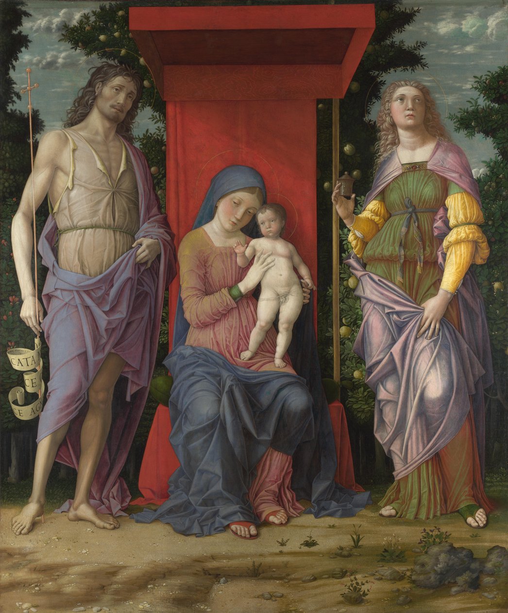 Neitsyt ja lapsi Magdalenan ja Pyhän Johannes Kastajan kanssa, n. 1495 tekijältä Andrea Mantegna