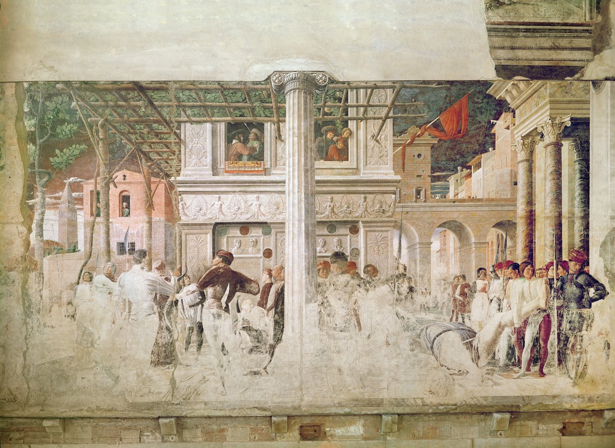 Pyhän Kristoferin marttyyrikuolema ja hänen ruumiinsa siirtäminen (ennen ennallistamista), n. 1450-56 tekijältä Andrea Mantegna