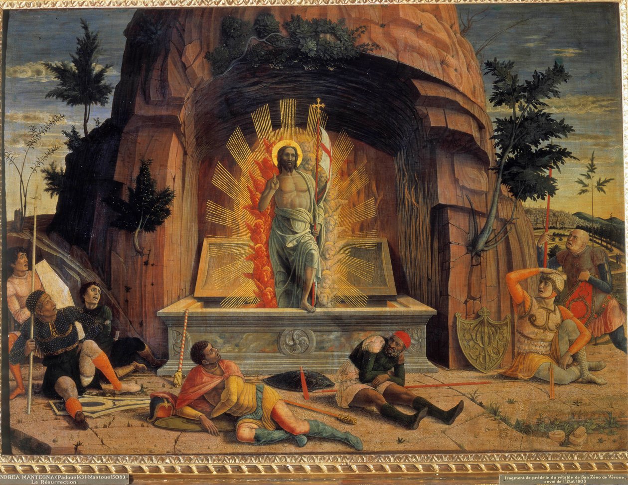 Andrea Mantegnan (1431-1506) ylösnousemus Fragmentti Veronan San Zenon kirkon alttaritaulun predellistä. 1457. Koko 0,71 x 0,94 m. Taidemuseokierrokset tekijältä Andrea Mantegna