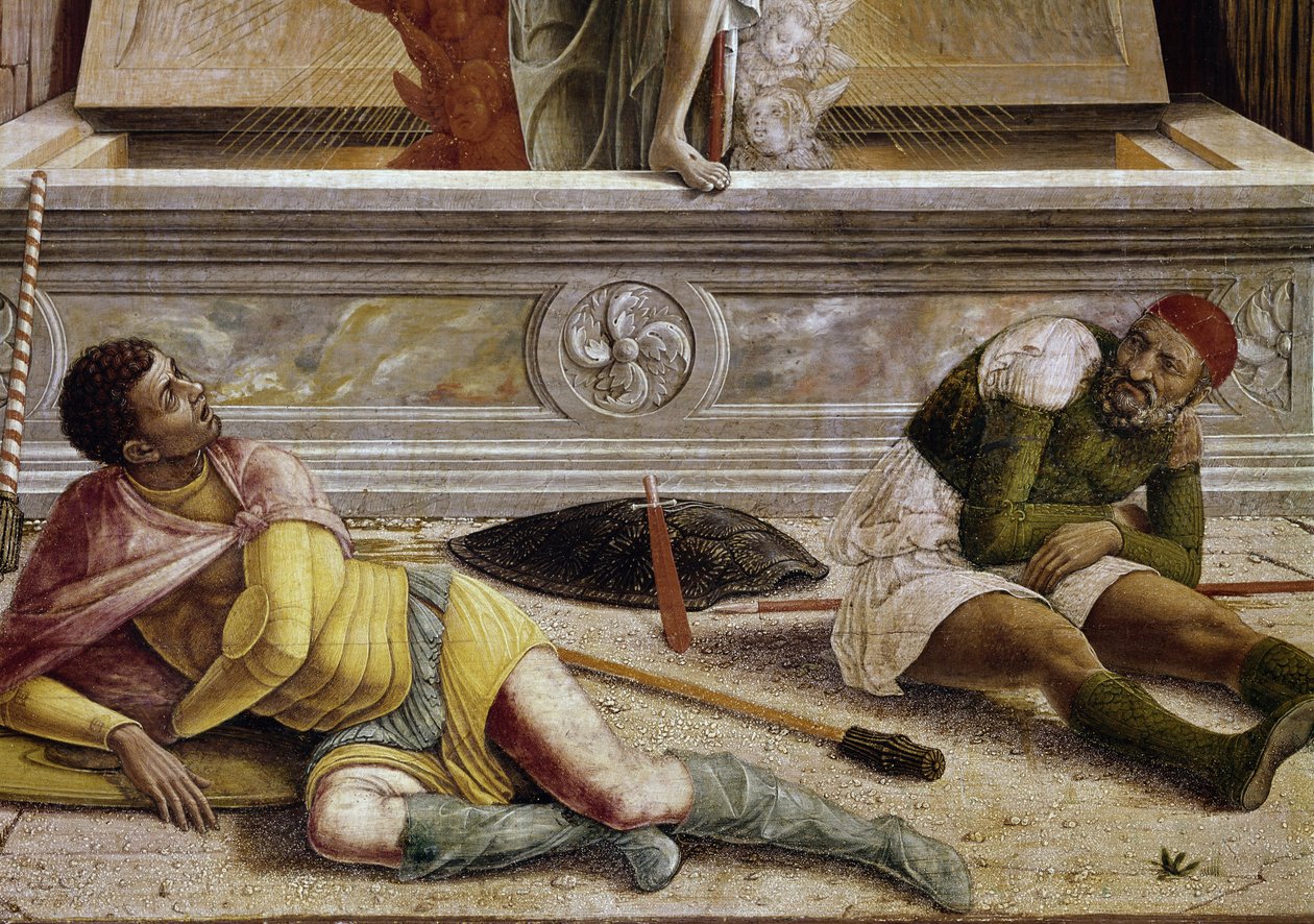 Ylösnousemus, yksityiskohta San Zenon alttaritaulun predellistä (tempera puulla tekijältä Andrea Mantegna