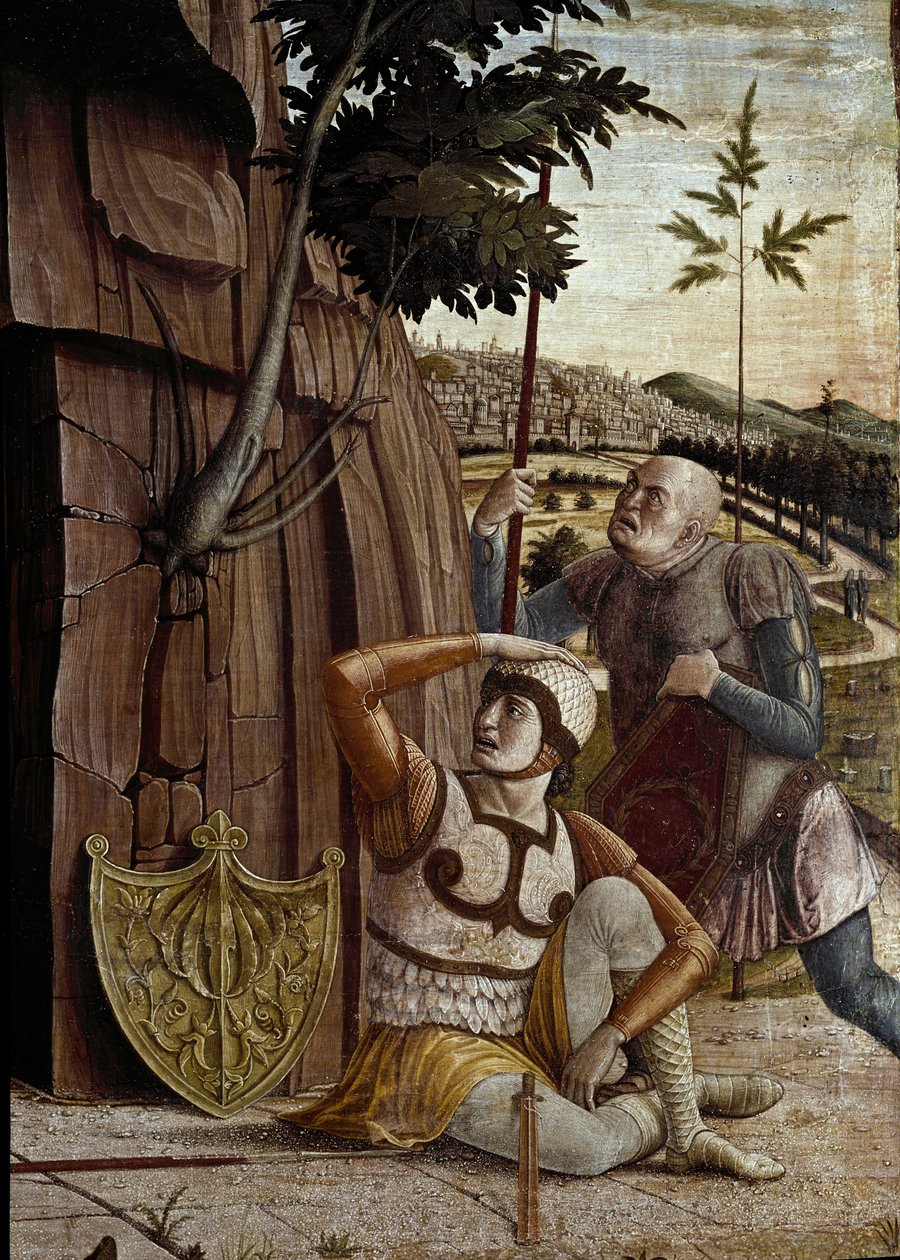 Ylösnousemus, yksityiskohta San Zenon alttaritaulun predellistä (tempera puulla tekijältä Andrea Mantegna